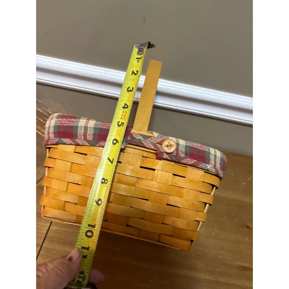 Handwoven Wood Splint Basket with Red Plaid Liner and Plastic Protector Honey